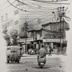This pencil sketch captures a busy street corner, complete with tangled overhead wires and moving vehicles. I use line work and shading to create a sense of depth and movement in my urban landscape drawings.