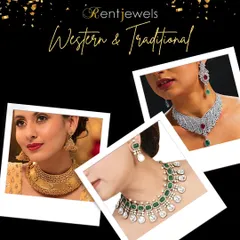 I offer a wide range of both Western and traditional jewels. This collage shows a traditional gold-plated choker, a modern emerald and diamond-look set, and a glamorous ruby choker, showcasing my diverse collection.