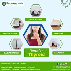 For managing thyroid health, I often recommend specific yoga poses. This graphic illustrates powerful asanas like Sarvangasana (Shoulder Stand) and Bhujangasana (Cobra Pose) that help stimulate the thyroid gland and regulate hormones.
