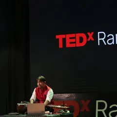 A wider view of the TEDx Rambaug stage during my talk and performance. It was a great platform to share my passion and demonstrate the power of the sitar as a storytelling instrument.