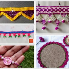 A collection of my work in purple, created for a Navratri color theme post. It shows various torans, coasters, and even a rakhi.