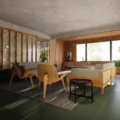 In this Gurgaon home, we used a partition of wood and cast concrete panels to define the living area. The design focuses on natural materials and a comfortable, open spatial flow.