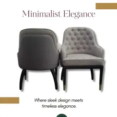 A showcase of our tufted dining or accent chair, viewed from the front and back. We used a two-tone fabric scheme and finished the legs with brass ferrules to create a look of minimalist elegance.