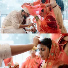 A collage capturing two key moments in a Hindu wedding ceremony: the tying of the sacred thread and the application of sindoor.