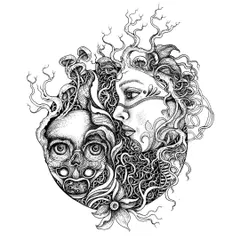 This drawing, titled 'Day 26', is about the connection between life and death. A human face is intertwined with a skull, mushrooms, and twisting vines, representing the cycle of nature.