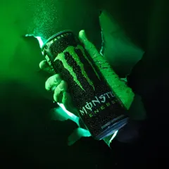 Another angle of the Monster energy drink shoot. This shot captures the spray and condensation on the can, adding to the intense and energetic feel.