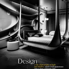 Design is the silent poetry of light and shadow. This futuristic, black-themed bedroom features a stunning suspended bed, where even in monochrome, the fluid forms create a story of beauty and brilliance.