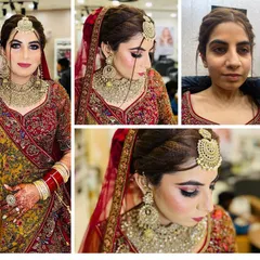 This before and after collage shows the complete bridal transformation. I focus on creating a radiant complexion, defining the eyes, and styling the hair to perfectly match the client's features and her stunning wedding outfit.