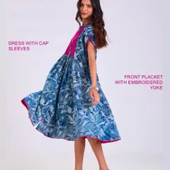 Our Chaaya dress with cap sleeves and an embroidered yoke. The flowing fabric and beautiful indigo print create a piece that moves with you and feels good all day long.