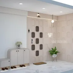 An alternate 3D design for the same entrance, this time proposing a door with a geometric grid pattern and matching wall panels for a different aesthetic.