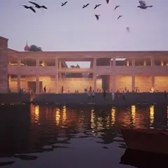 An evening rendering of the redeveloped Manikarnika Ghat in Varanasi, showing the structure illuminated against the water. This high-profile civic project demonstrates our ability to handle culturally sensitive designs that respect ancient rituals while providing modern, dignified facilities.