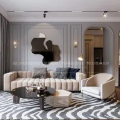 A concept for a luxurious living room, focusing on texture and form. The channel-tufted sofa, abstract mirror, and sculptural armchair create a highly curated look.