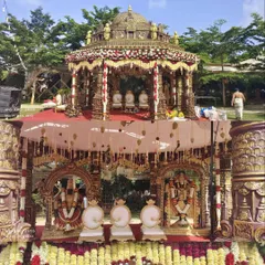 A look at our traditional mandap designs, featuring intricate pillars, lush floral garlands of marigolds and jasmine, and a sacred space for the wedding rituals.