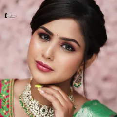 This is the level of artistry you will learn to achieve. This close-up from a live class demonstration shows a modern South-Indian bridal look with a focus on blended eyeshadow, defined brows, and a radiant skin finish.