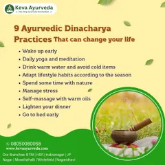 This visual lists nine Ayurvedic Dinacharya (daily routine) practices that can transform your life. Simple habits like waking up early, drinking warm water, and eating a light dinner help manage stress and align your body with nature.