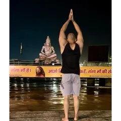 Paying my respects to Lord Shiva on the banks of the Ganga. Physical discipline and spiritual discipline are two sides of the same coin.