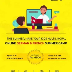 Give your child the gift of a new language with our online summer camp. This graphic details our German and French program for kids aged 7 to 11, including the 35-hour duration, live class format, and affordable pricing. It's a perfect way to introduce them to a new culture and skill.
