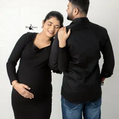 She rests her head on his shoulder, a picture of peace and trust. These casual studio portraits are all about capturing genuine emotion and connection.