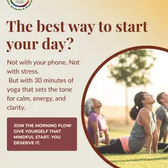 This image of a morning class outdoors asks, "The best way to start your day?" It promotes our morning flow as a way to find calm, energy, and clarity.