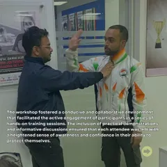We break down techniques into simple, memorable steps. This image shows a hands-on demonstration of a palm-heel strike, a simple yet powerful tool for self-defense that anyone can learn.