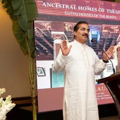 Dr. Mohan Alva, a guest of honor at our book launch, speaking about the importance of cultural preservation. His words underscored the significance of projects like ours in keeping the heritage of Tulunadu alive.