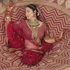 This is the fairytale bridal look you've been dreaming of. This top-down shot showcases the incredible detail and spread of one of my most popular red and gold wedding lehengas, available for you to rent for your big day.