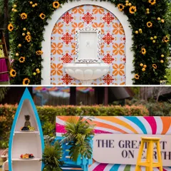A tropical paradise for a 25th-anniversary celebration in Goa. The decor was filled with lush florals, vibrant colors, and fun photo ops like a fruit-filled boat and custom signage.