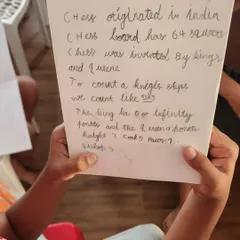 Notes from one of our young students. We encourage kids to write down what they learn, from the history of chess to the point values of the pieces, to reinforce their knowledge.