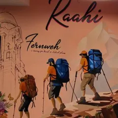 A detail from the 'Raahi' mural, showing hikers on a mountain path. The theme "Fernweh," a craving for travel, is central to the restaurant's identity, and we captured that feeling of adventure and exploration in every part of the artwork.