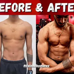 Another view of the 12-kilo gain. The before and after comparison clearly shows the added size in his chest, shoulders, and arms.