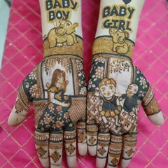 This fun baby shower mehandi has "Baby Boy" and "Baby Girl" themes with cute elephants. The palms depict a mother with her child and a family portrait.
