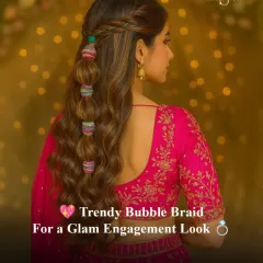 For an engagement or sangeet, a trendy yet elegant hairstyle can make all the difference. This playful bubble braid, accented with colorful threads, is a perfect example of how we customize styles to match the function's vibe and your outfit.