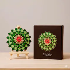 This green and red mandala is hand-painted and perfect for adding a touch of handmade beauty to your home. It comes with a mini easel and a matching box, making it an ideal gift.