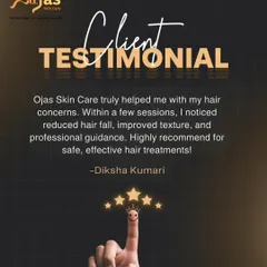 Diksha Kumari expresses her satisfaction with our hair treatments. She notes the reduced hair fall and improved texture, recommending us for safe and effective solutions with professional guidance.