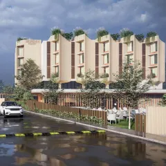 The street-side view of our Bellevue Club design. The facade features curved, vertical fins that provide solar shading and create a unique architectural identity, while the ground floor opens up to an outdoor cafe seating area.