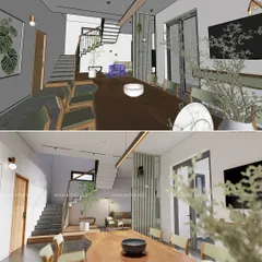 See how a long dining area in a duplex villa was transformed from a 3D model into a stunning, real-life space. The design focuses on creating a grand yet inviting atmosphere.