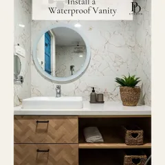 Installing a waterproof vanity is crucial for longevity and style. This vanity features a beautiful herringbone wood pattern and provides a mix of open and closed storage, combining practicality with modern design.