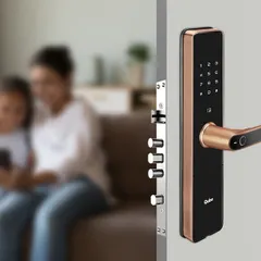 Secure your home with a modern smart lock that combines elegant design with robust security. This model features multiple access methods, including a fingerprint scanner and a digital keypad, shown here with its multi-point locking mechanism for enhanced protection.