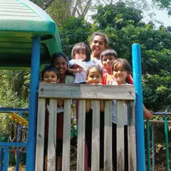A happy group of campers and teachers posing on the playground during our resort outing. These trips create wonderful memories for everyone.