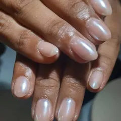 At my studio, perfection is what you get. These are natural nails with a beautiful pearlescent nude gel polish, created using vegan and cruelty free products.