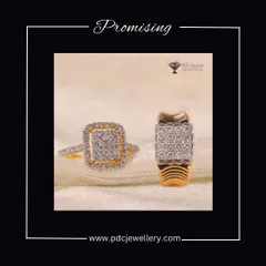 A promising pair of diamond rings for a couple. The lady's ring features a classic halo design, while the gent's ring has a modern, powerful look with a diamond cluster and textured gold band.