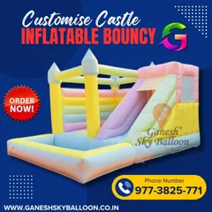 A promotional look at our pastel-themed inflatable castle. This design combines a safe jumping space with an attached slide, offering multiple ways for children to play.