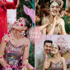 A collage of the bride's Haldi, filled with pure, unadulterated joy. From being showered with petals to playful moments with her groom, this is what a fun Haldi is all about.