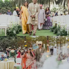 The groom's grand entrance with his mother, and the bride's dramatic entry through a cloud of smoke. This collage captures the energy and excitement of the wedding processions.