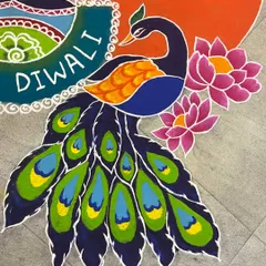 A close-up of the peacock and lotus details from a corporate commission. I focus on clean lines and rich color blending to ensure every element of the rangoli is sharp and visually appealing.
