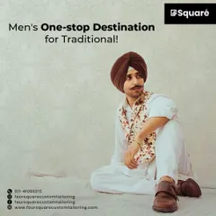 As a one-stop destination for men's traditional wear, we offer complete ensembles. This look combines a simple white kurta pajama with a floral print jacket and a classic brown turban, perfect for a daytime event or cultural function.