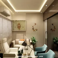 A sophisticated cabin space featuring a minimalist layout with plush ivory seating, aqua-toned accent chairs, and a sleek white desk. The space is adorned with gold geometric art and a radiant Krishna motif, exuding modern sophistication.