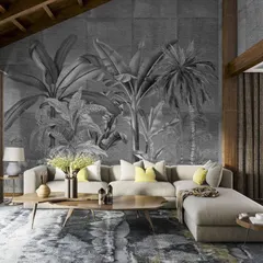 This dramatic, large-scale botanical mural from the Prakriti collection is printed on a textured grey base, creating a sophisticated and modern look. The play of light and shadow on the leaves adds incredible depth, making it a powerful statement piece for any room.