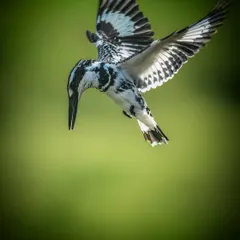 Capturing a Pied Kingfisher as it hovers and dives is a technical challenge I love. This action shot, taken in Wai, freezes the bird's wings in a beautiful pattern against a soft green background, showcasing its incredible aerial hunting skills.