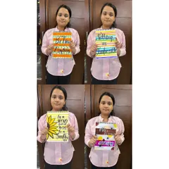 I am so proud to see my students flourish. This is one of my young artists proudly displaying four of her completed calligraphy projects, each showcasing a different style, color palette, and positive message.